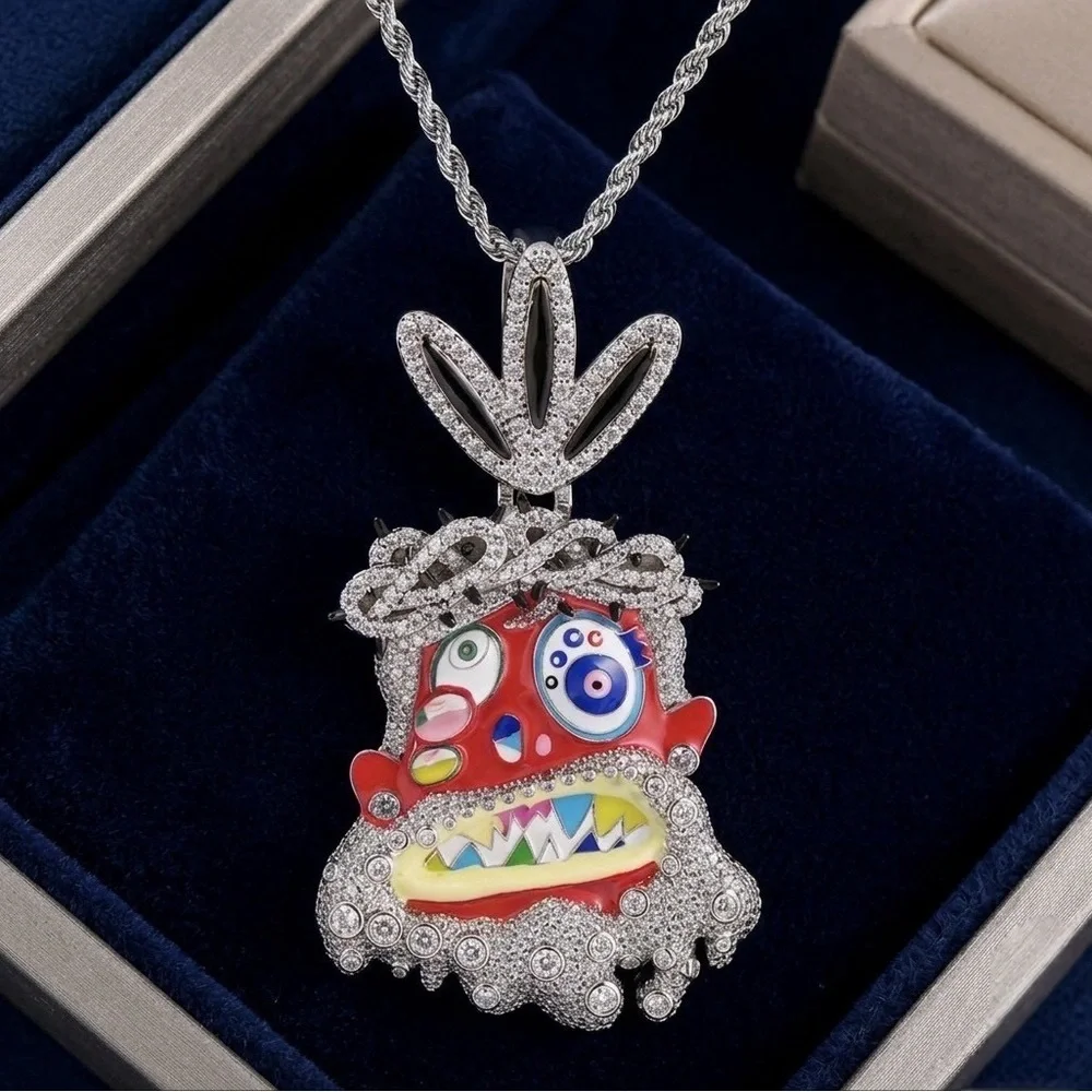 Silver-tone Enamel Monster Pendant Necklace - Red, Multicolor 24inch